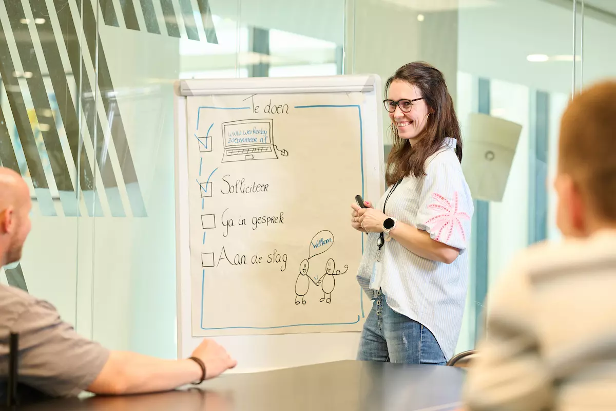 collega staat bij een flipover te presenteren aan collega's