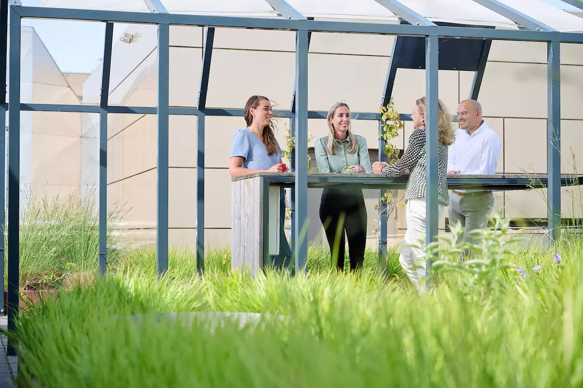 Overleg met collega's op dakterras